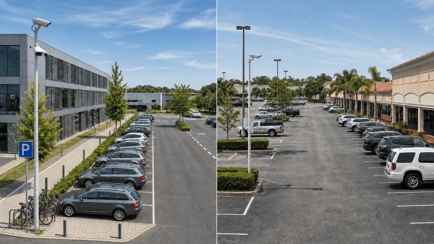 Sunny European and American parking properties presented side by side