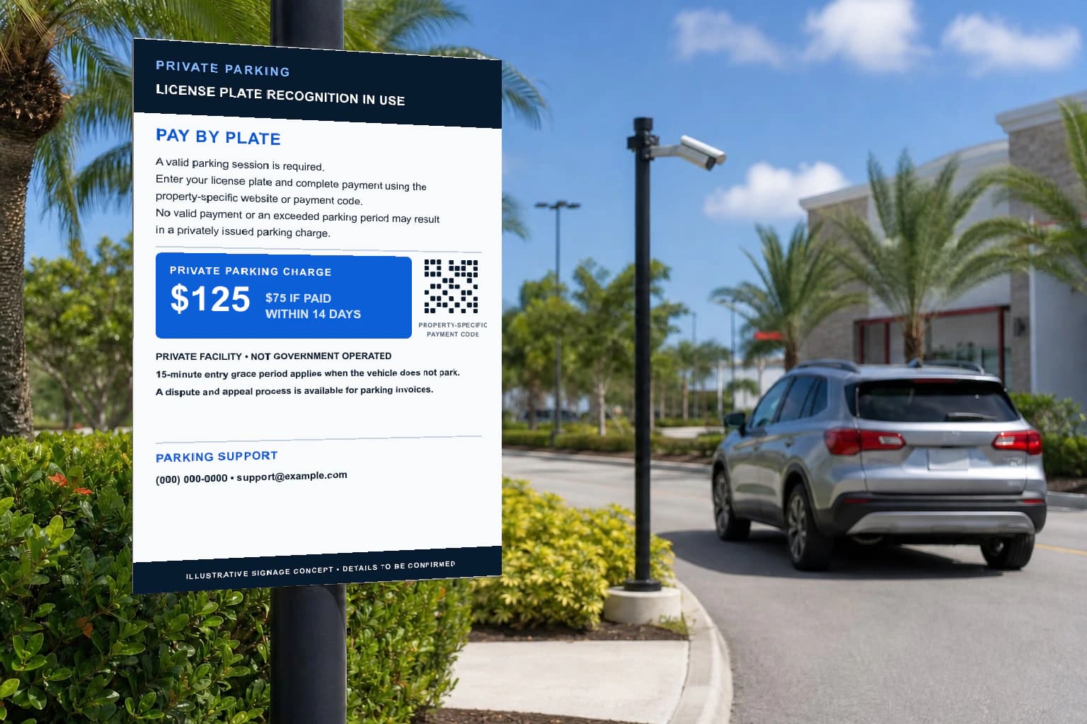 Illustrative LPR free-flow payment signage concept at a commercial parking entrance