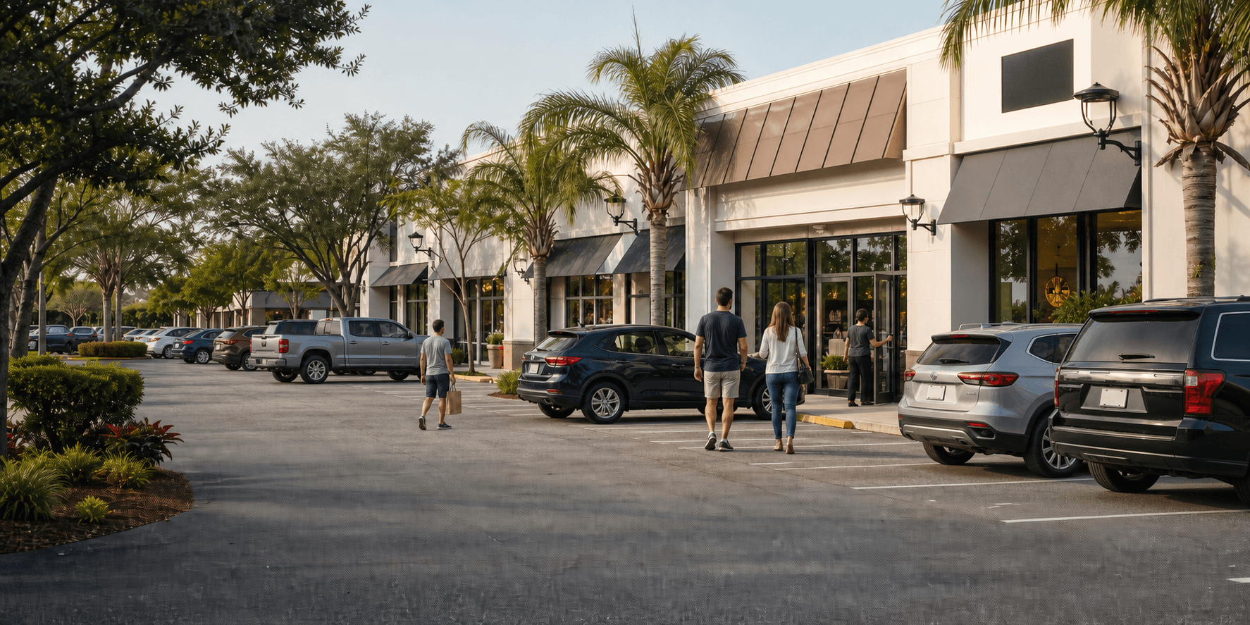 Customers arriving at an organized American neighborhood retail plaza
