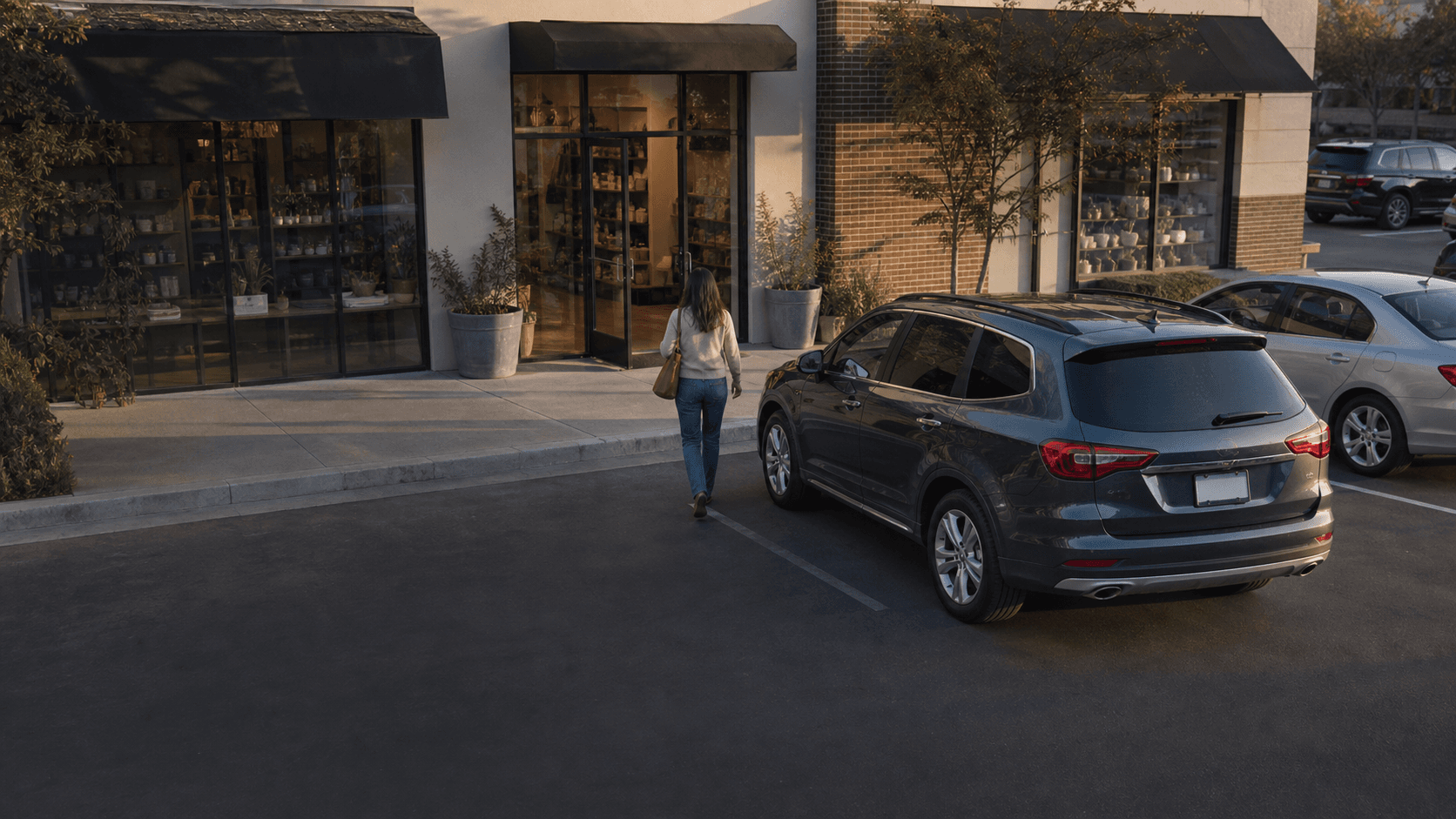 Customer walking from a parked vehicle toward an approved storefront