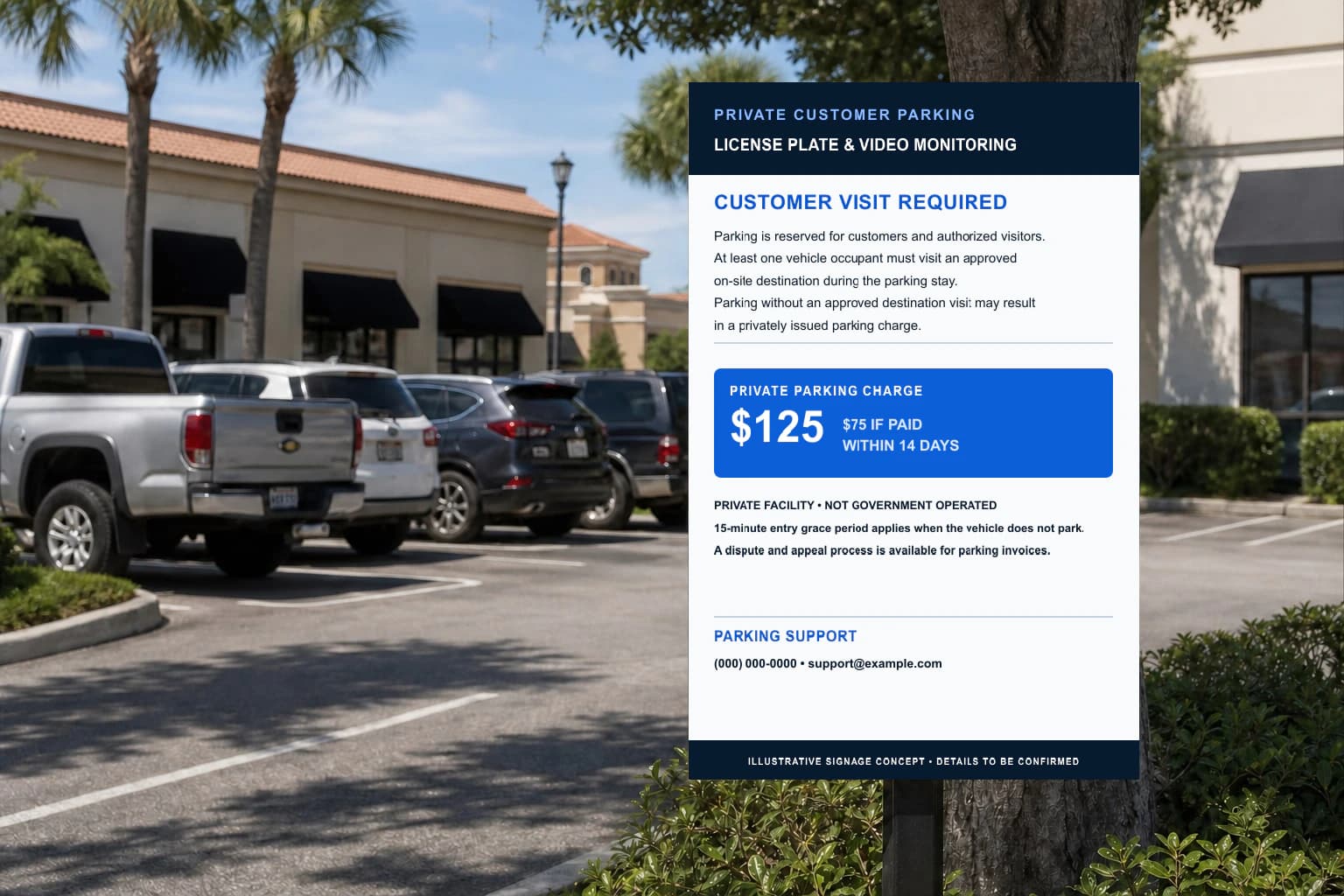 Illustrative Walk-Off Monitoring parking signage concept installed at a retail property